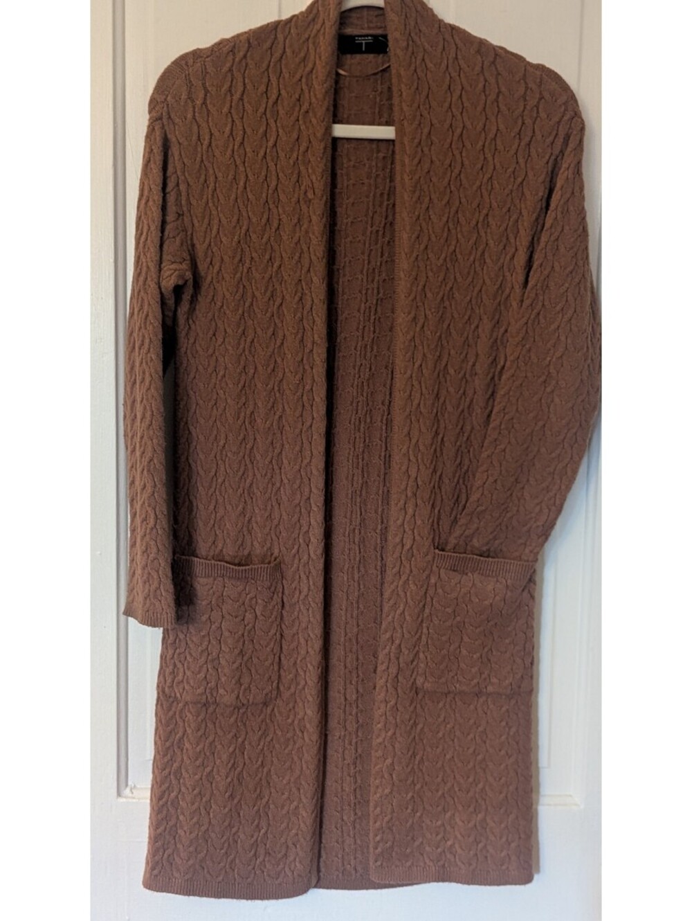 TAHARI LONG CABLE KNIT OPEN FRONT CARDIGAN SWEATER | XS | COPPER BROWN AND SOFT